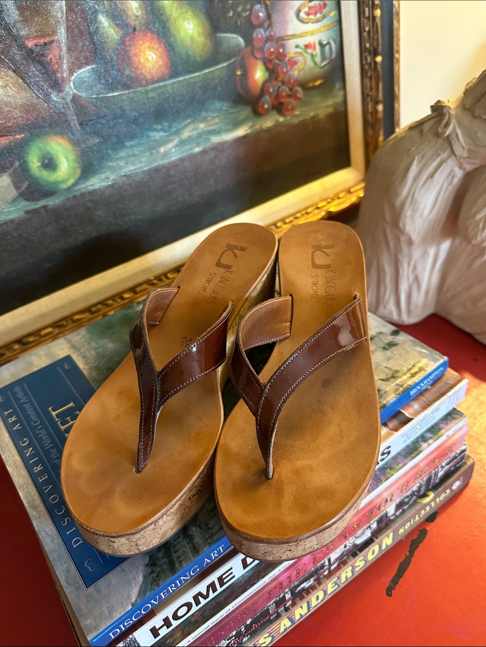 K.Jacques Brown Patent Leather Cork Wedge Flip-Flops